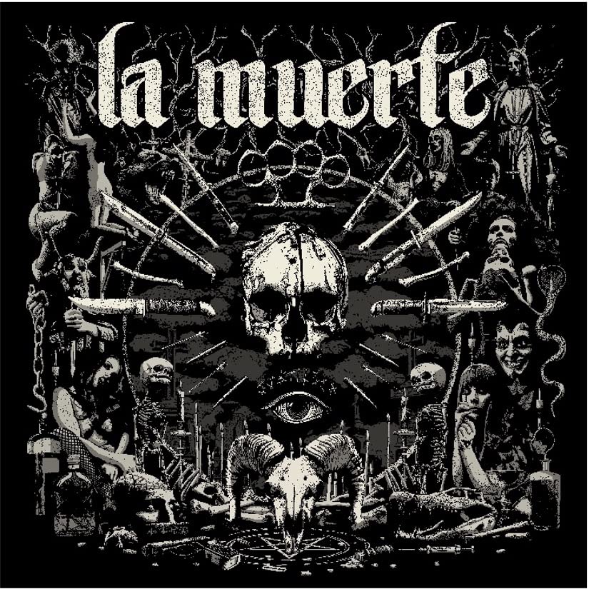 Dark album cover with skulls, eyes, and figures in a chaotic arrangement.