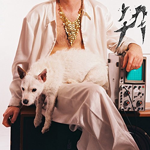 Man with white dog and synthesizer, album cover for La Priest’s Inji.
