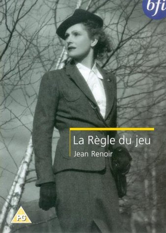 Black and white film still of a woman in a suit, DVD cover.