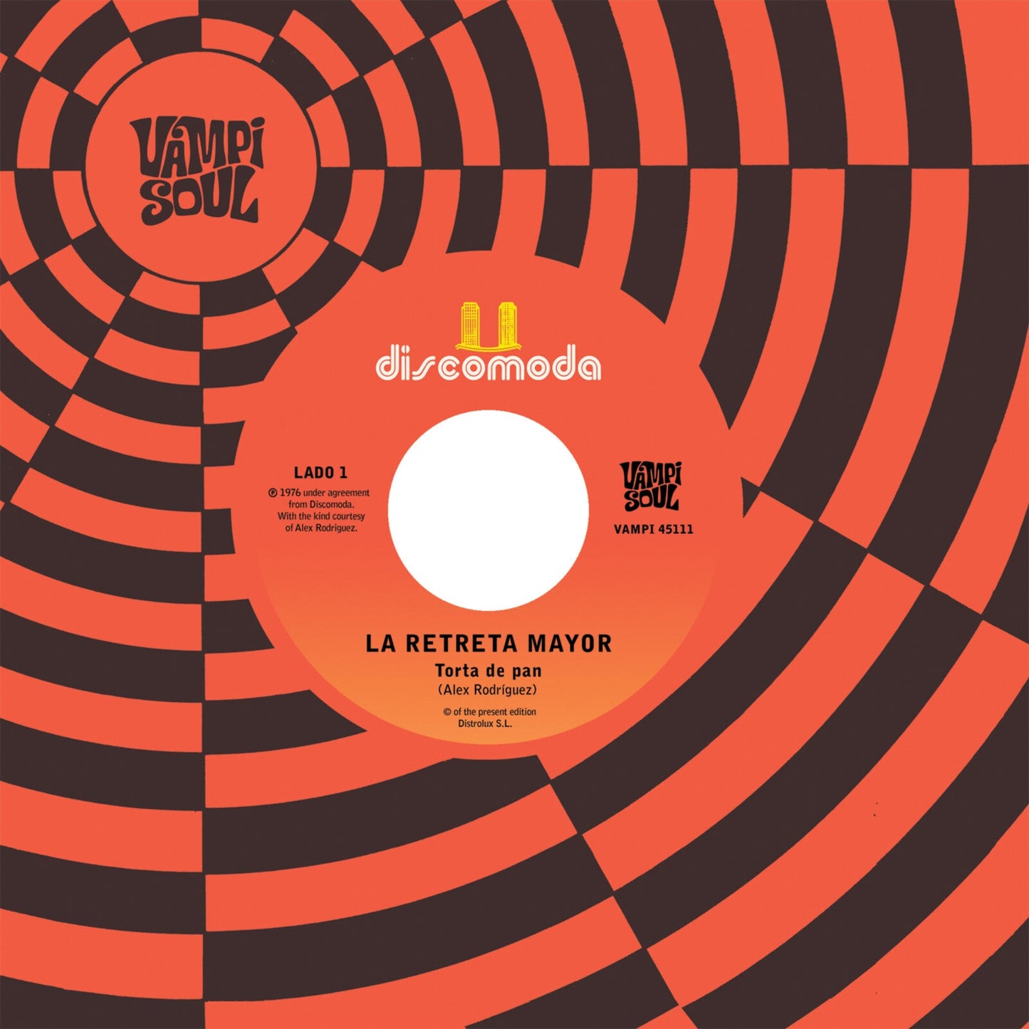 Vinyl record label for La Retreta Mayor, Torta de pan, on a patterned orange background.