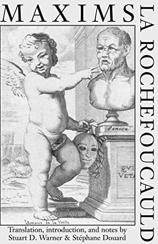Book cover with sketched cherub, bust, and mask; title "Maxims" and author "La Rochefoucauld".