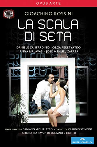 DVD cover for Rossini’s “La Scala Di Seta” opera with performers pictured.