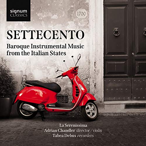 CD cover: red scooter, ornate door, text “Settecento” and artist details.