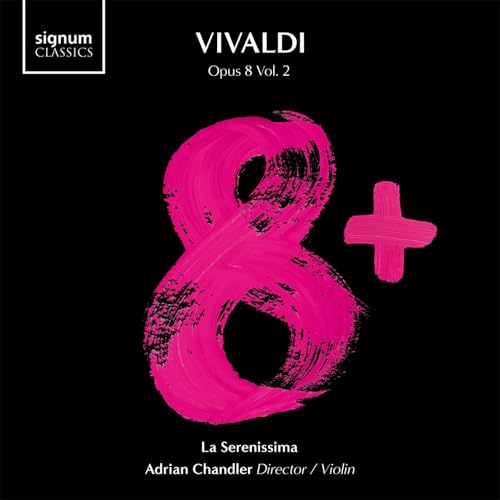 CD cover: pink brushstroke “8+”, Vivaldi’s “La Serenissima” text.