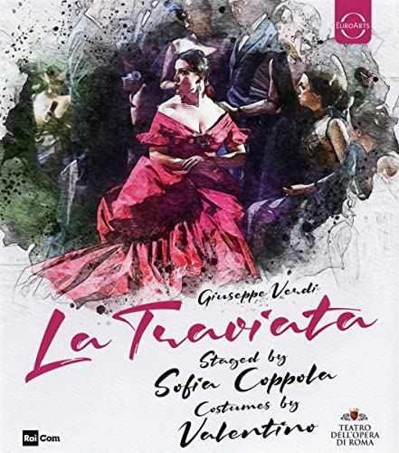 La Traviata" Blu-ray cover featuring a woman in a red gown, watercolor style.