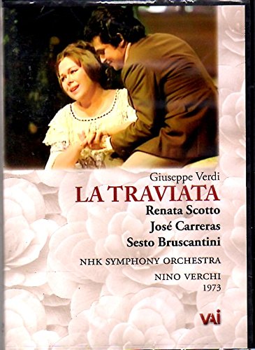 DVD cover for opera "La Traviata" featuring two actors and white roses.