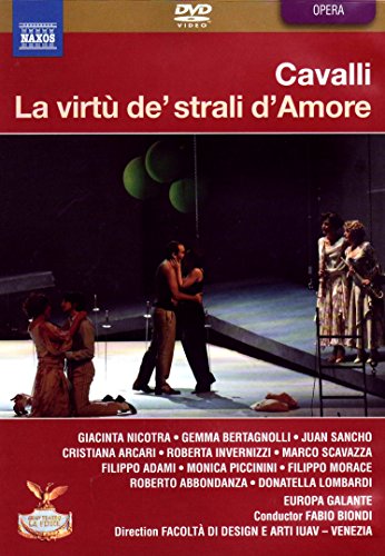 DVD cover for opera “La virtù d’strali d’Amore” by Cavalli, stage scene.