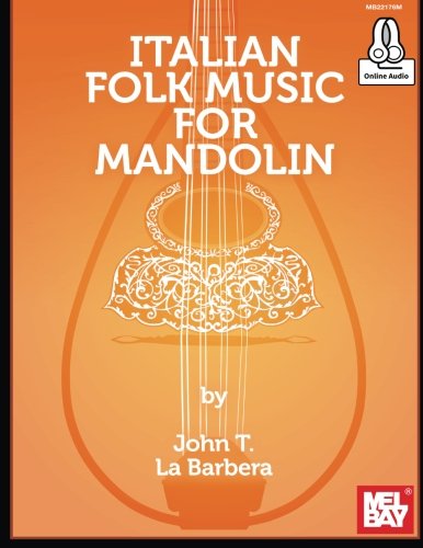 Sheet music cover for “Italian Folk Music for Mandolin” with mandolin illustration.