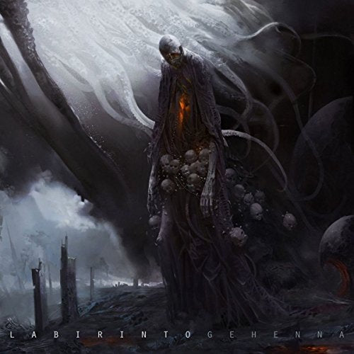 "Dark, hooded figure with skulls, standing in a desolate, eerie landscape."