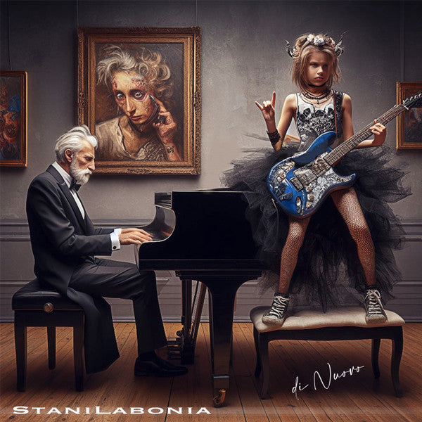 Older man at piano, young girl with guitar, ornate room setting.