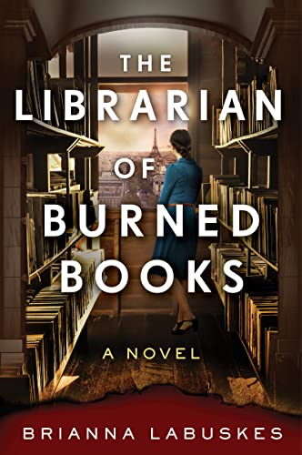 Book cover: woman in library archway overlooking a city skyline.