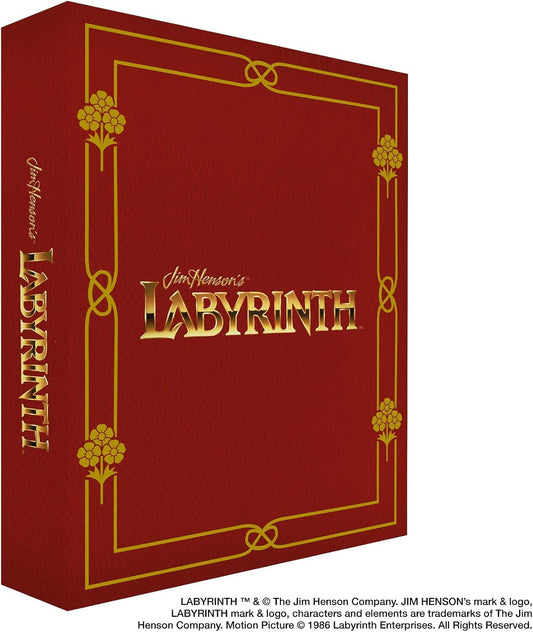 Red Labyrinth collector’s edition box with gold floral and geometric designs.