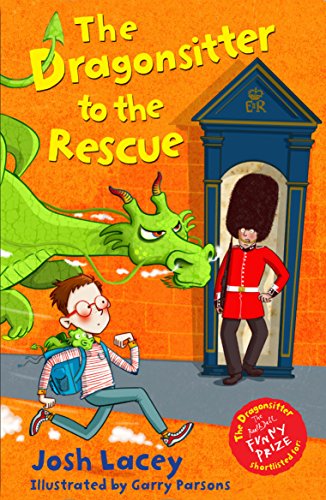 Book cover: boy, green dragon, and guard by a dark blue doorway.