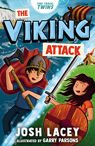 Book cover: twins with Viking weapons facing a ship attack.