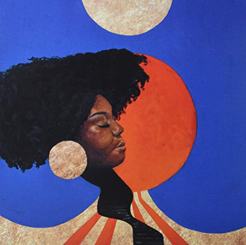 Profile of a Black woman with afro, gold shapes, and blue background.