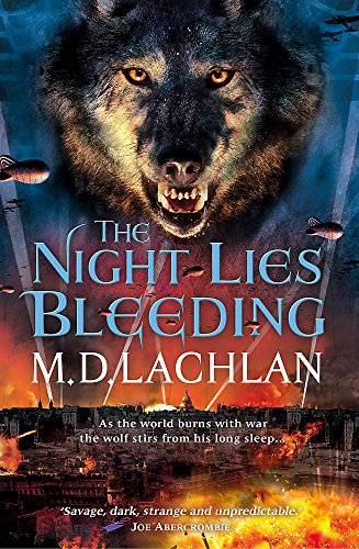 Book cover: wolf’s head over a burning city, title “The Night Lies Bleeding.”