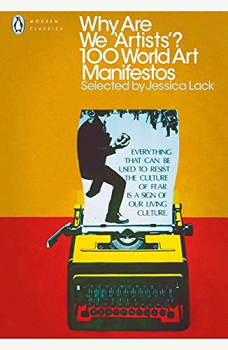 Book cover with a figure on a typewriter, yellow and red background.