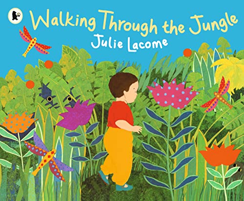 A child in a red shirt and yellow pants walks through a colorful jungle.