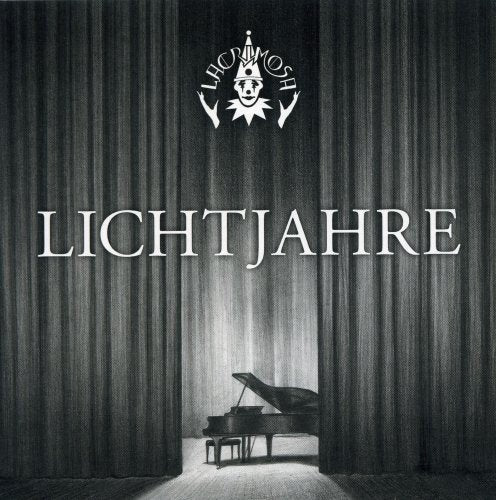 CD cover: piano on stage with draped curtains, clown emblem above.