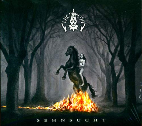 CD cover: woman on horse amidst burning trees, dark fantasy art.