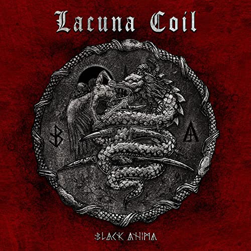 Lacuna Coil Black Anima album cover featuring a dragon and figure on red background.