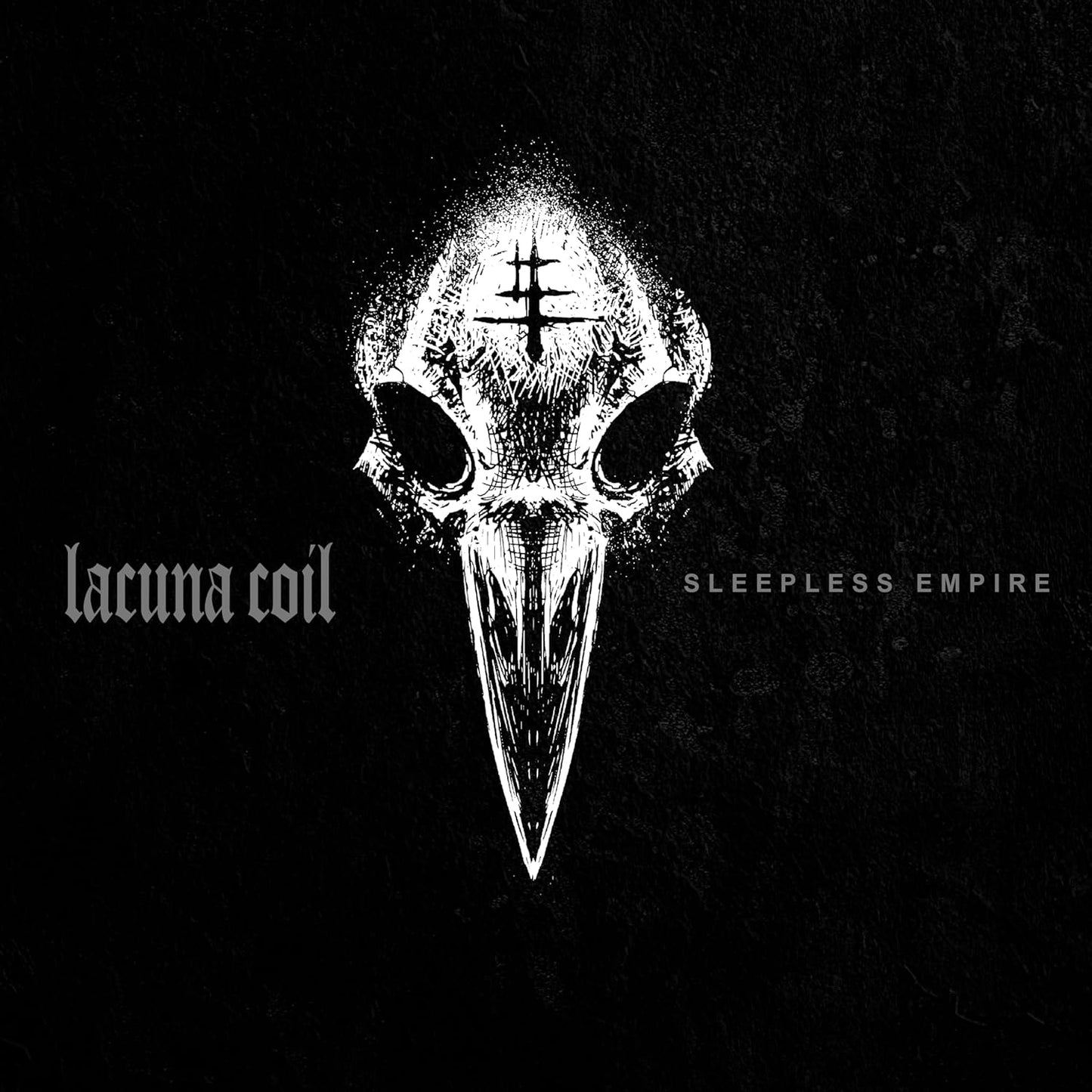 Lacuna Coil album cover, “Sleepless Empire,” featuring a white skull and raven.