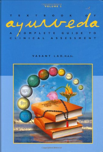 Book cover: "Textbook of Ayurveda, Volume 2" with colorful orbs and stacked books.