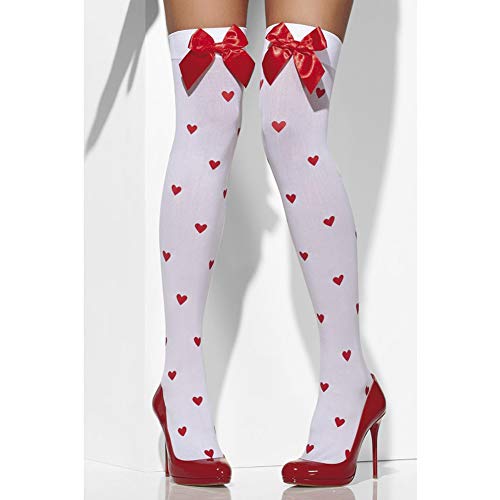 White thigh-high stockings with red hearts and red bows worn with red heels.