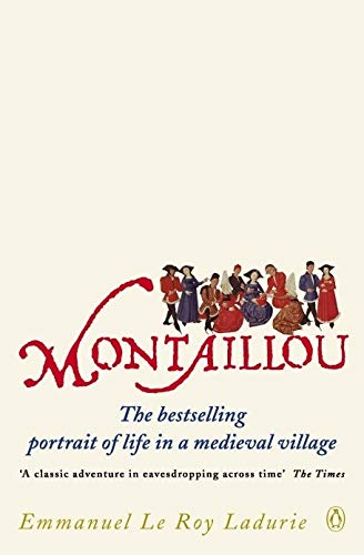 Book cover for Montaillou featuring a group of medieval figures and red stylized text.