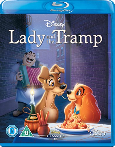 "Lady and the Tramp" Blu-ray case featuring cartoon dogs sharing spaghetti, man playing accordion.