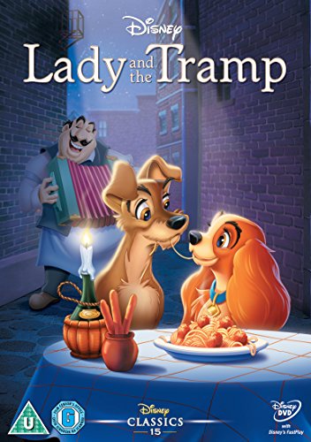 "Lady and the Tramp" DVD case featuring cartoon dogs sharing a meal on a table.