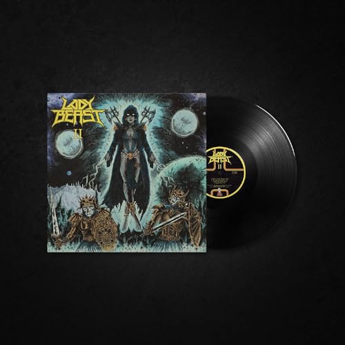 Vinyl record and cover art featuring a hooded woman, armored warriors, and planets.