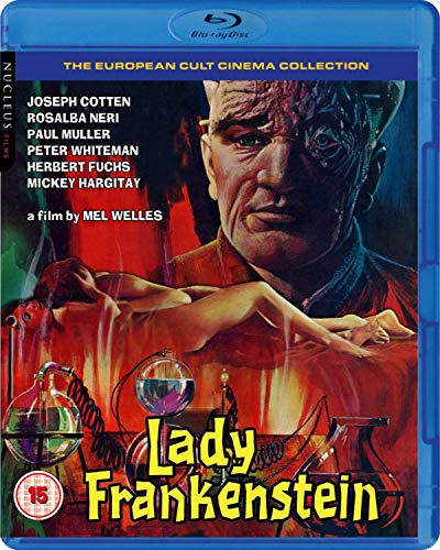 Blu-ray cover art for Lady Frankenstein featuring a man's face and a reclining woman.