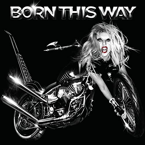 Lady Gaga on a chrome motorcycle, album cover for "Born This Way".
