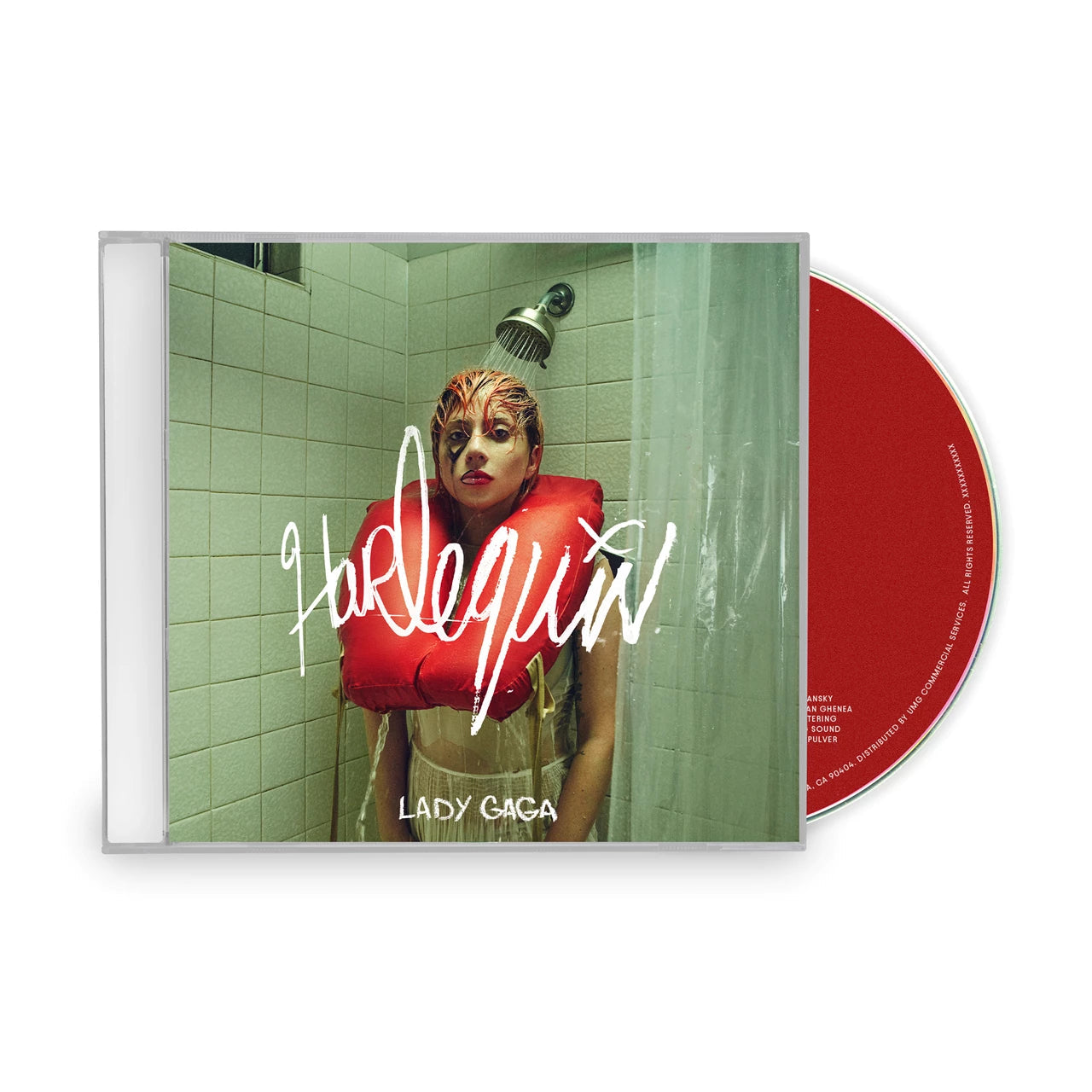 Lady Gaga “Harlequin” CD cover: woman in red shower curtain, wet hair.