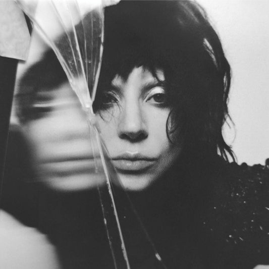 Black and white portrait of Lady Gaga with shattered glass effect.
