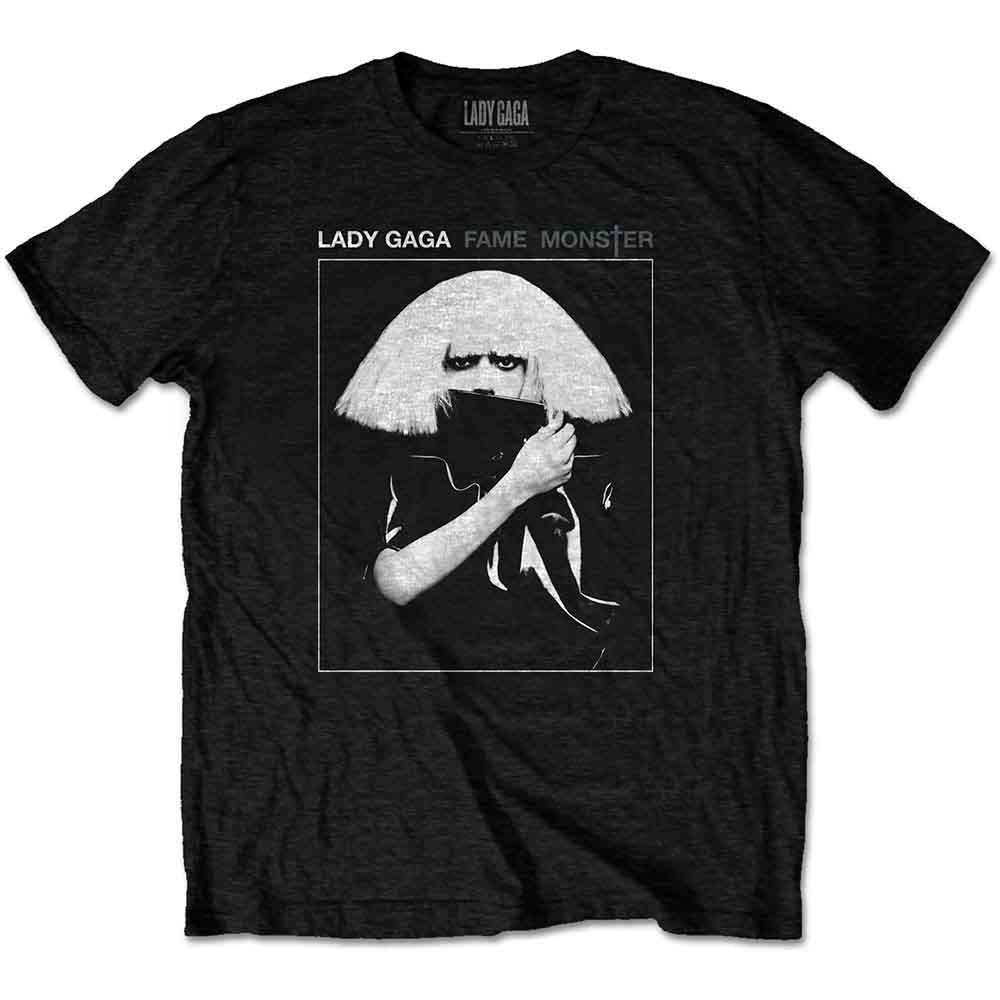 Black t-shirt with a white and black image of Lady Gaga.
