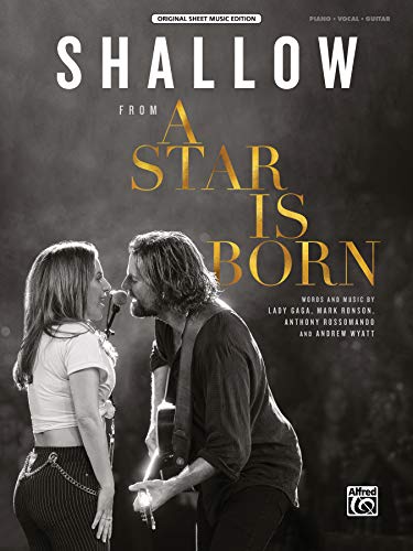 Sheet music cover for Shallow featuring Lady Gaga and Bradley Cooper on stage.