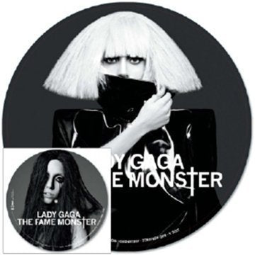 Lady Gaga’s “The Fame Monster” vinyl record with black and white portraits.