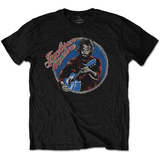 Black t-shirt with a distressed graphic of a man playing guitar.