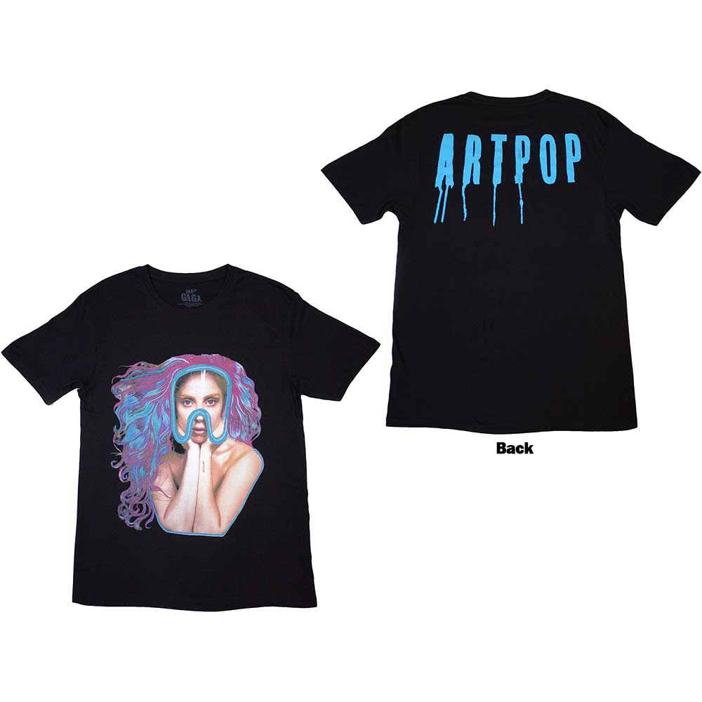 Black t-shirt with white Artpop-era Lady Gaga goggles graphic on the back.