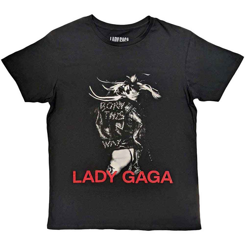 Black t-shirt featuring Lady Gaga in a leather jacket, size large.