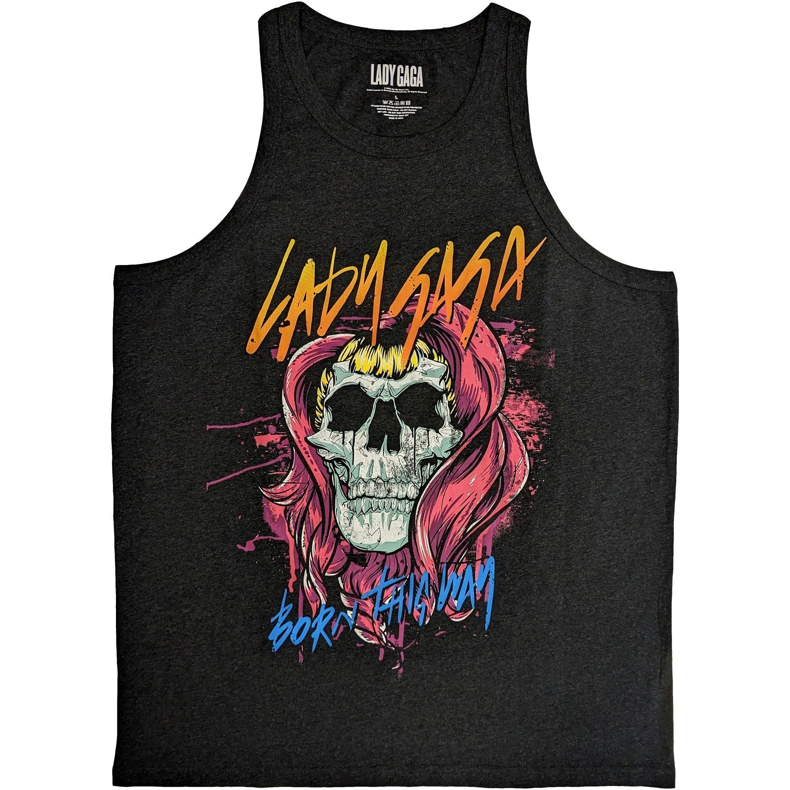 Charcoal grey tank top featuring a Lady Gaga skull graphic with pink hair.