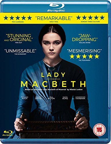 "Lady Macbeth" Blu-ray case featuring a woman in a blue dress holding a wooden object.