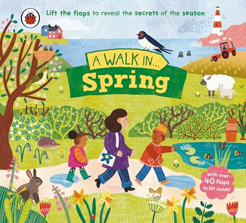 Children walking with a lady, spring landscape, lift-the-flap book cover.