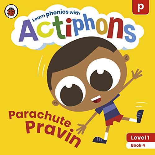 Book cover with cartoon boy parachuting, text “Actiphons” and “Parachute Pravin”.