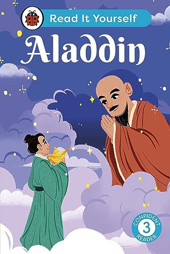Book cover: Aladdin illustration with a genie and text “Read It Yourself”.