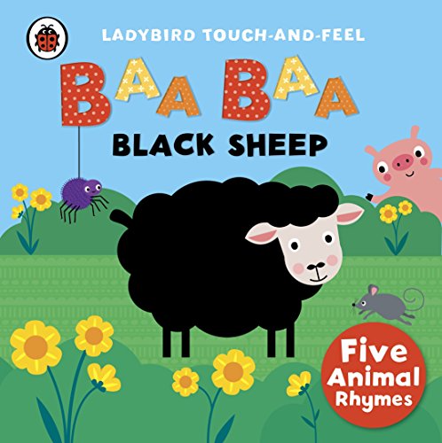 "Children's book cover featuring a black sheep, pig, mouse, and spider in a green field."