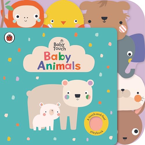 Touch-and-feel baby book cover with cartoon animal faces: bear, elephant, and orangutan.