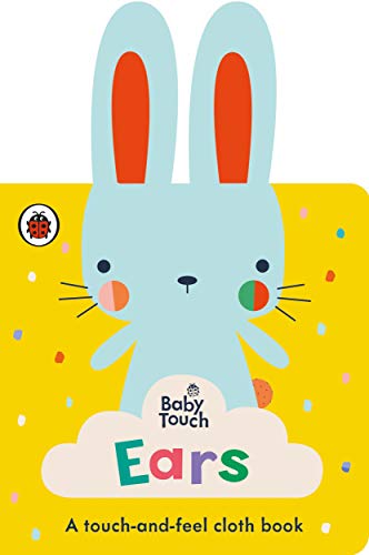 Cloth book cover with a pale blue bunny and colorful polka dots.